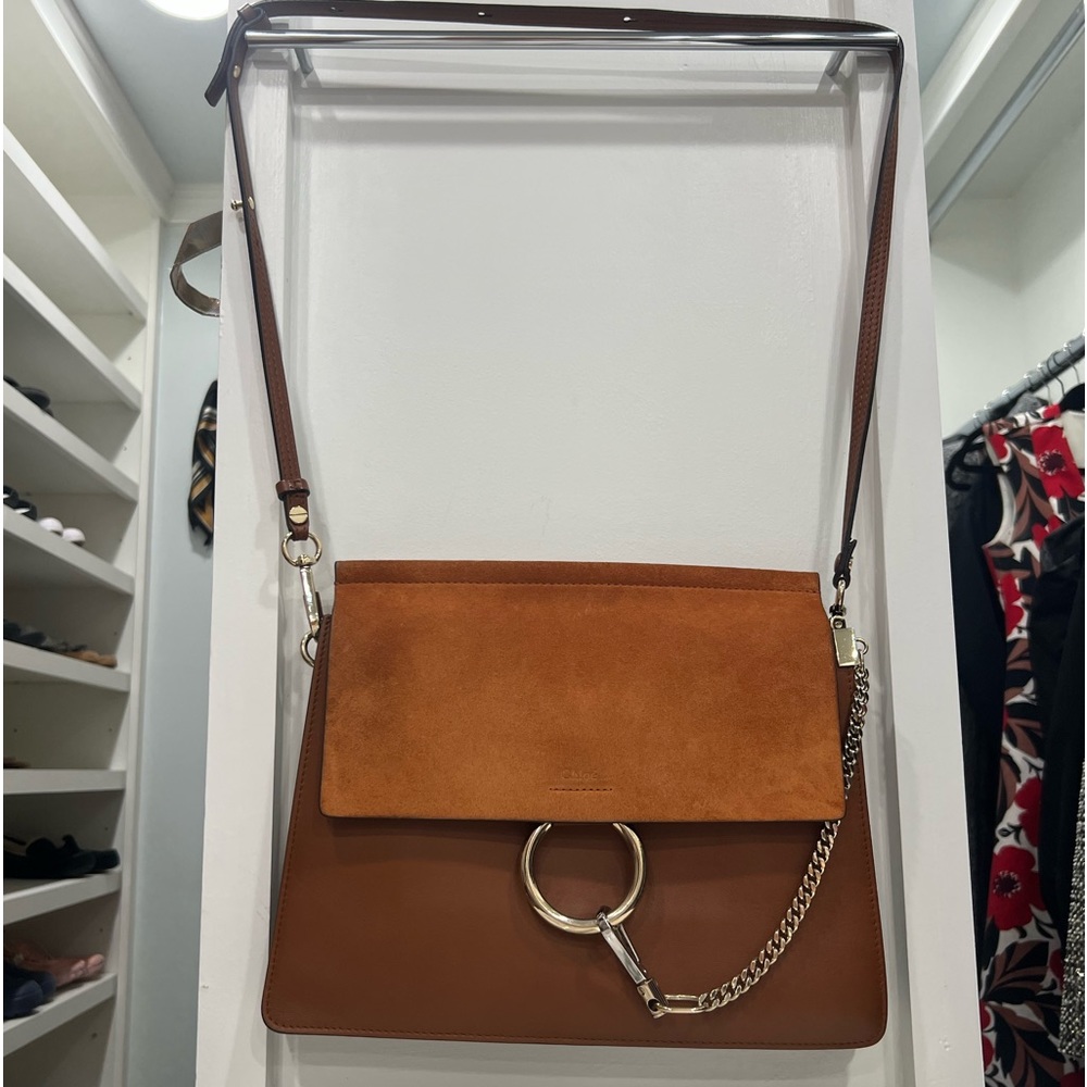 CHLOE Faye Suede Calfskin Shoulder Bag Tobacco.